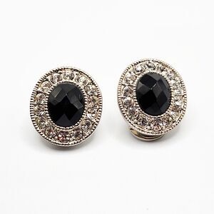 Vtg Monet Faceted Black Rhinestone Silver Tone Faux Diamond Halo Clip Earrings